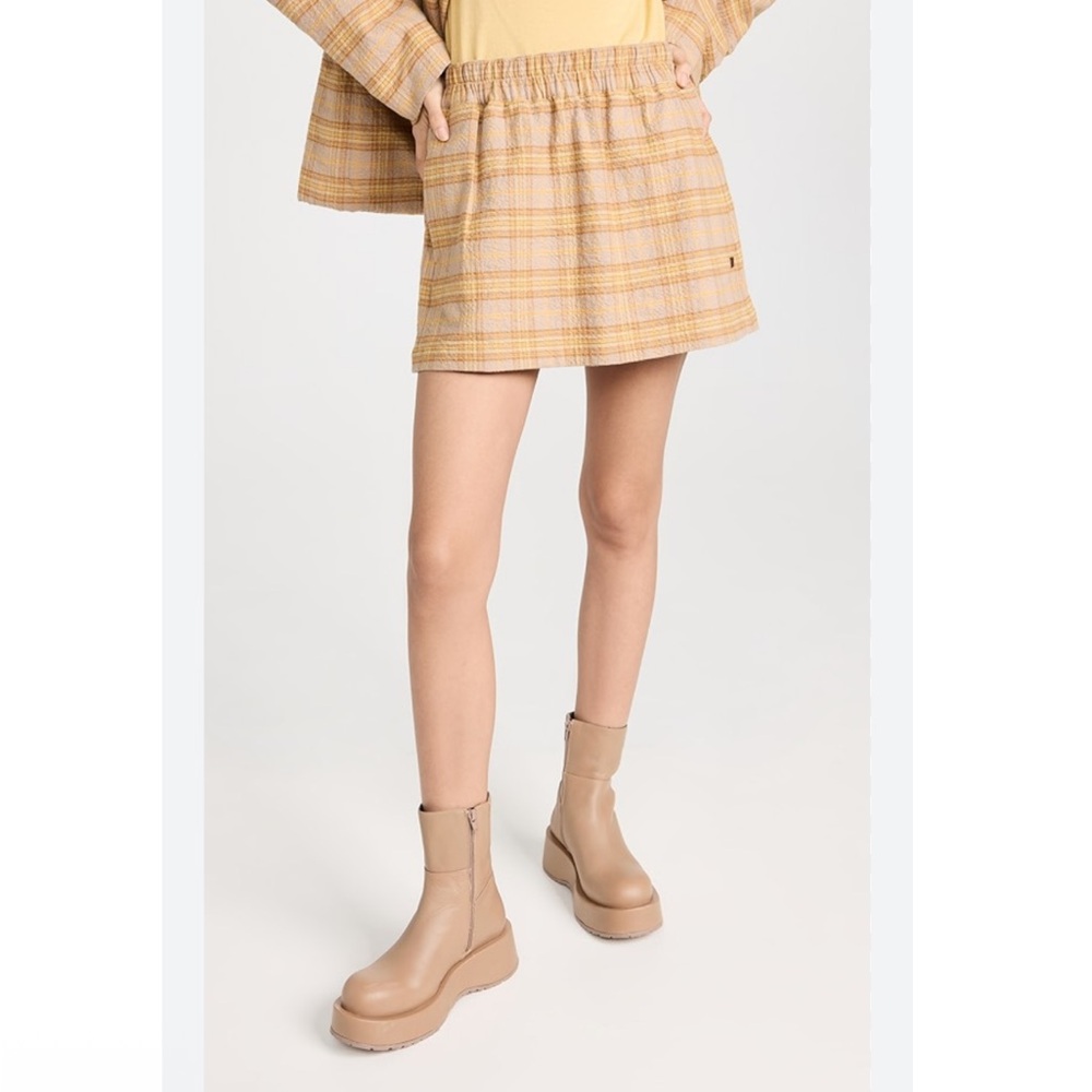 Acne Studios Issyn Check Flannel Plaid Drawstring Waist Cotton Yellow Miniskirt